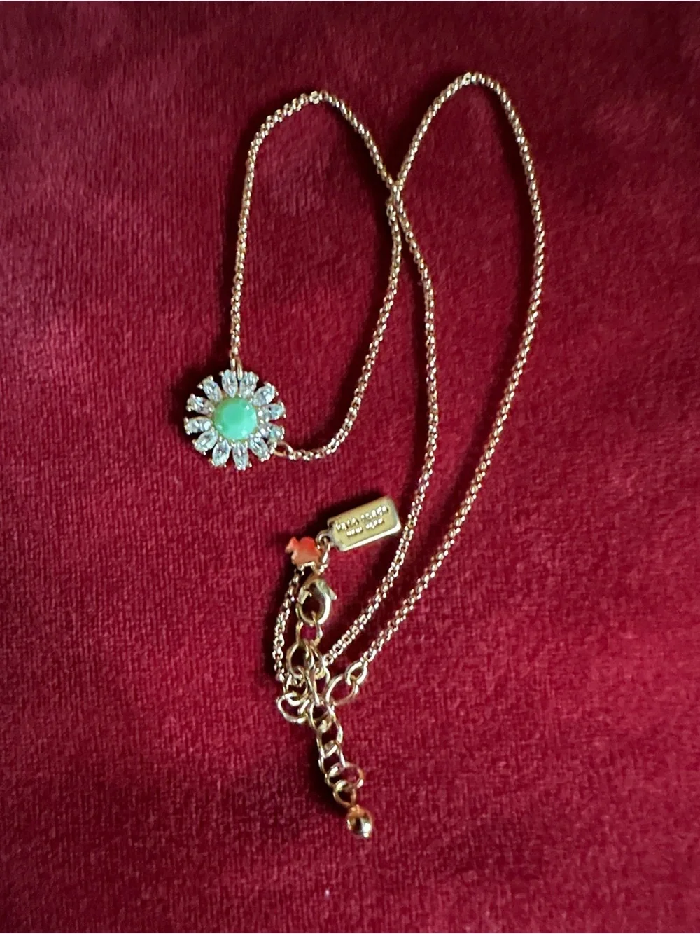 Vintage KateSpade NY Gold Tone small Necklace with Green Gem Floral Pendant